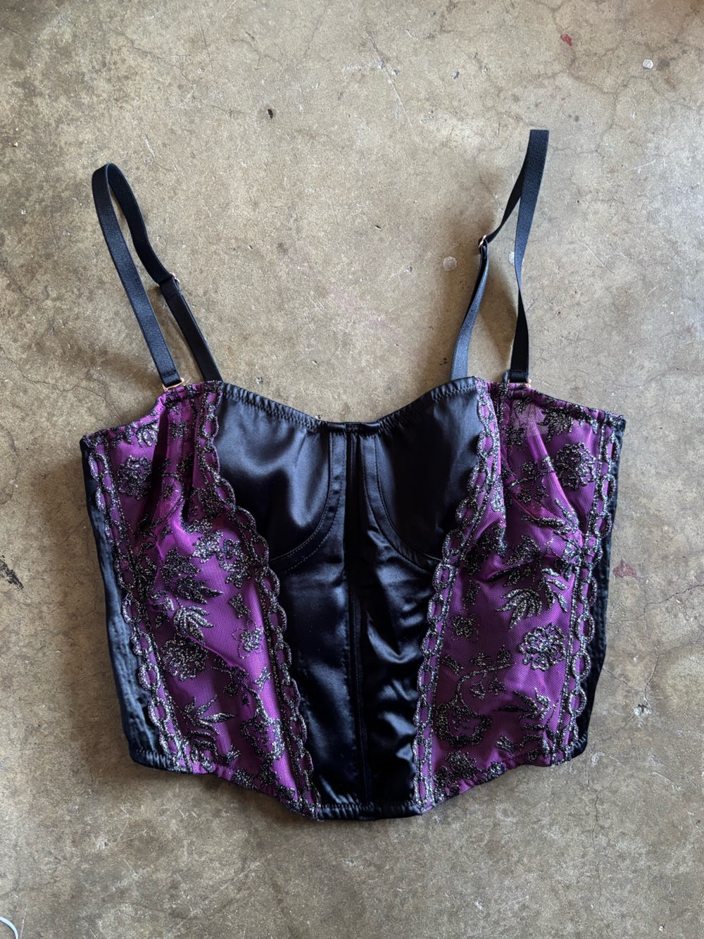 Purple and Black Embroidered Satin Bustier Top